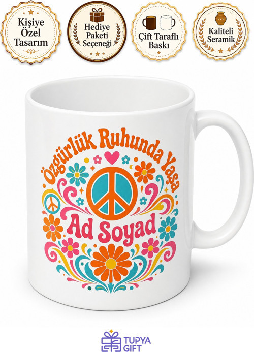 Hippie Temalı Baskılı Kupa Bardak Hediye Barış Özgürlük Tasarım Porselen Mug