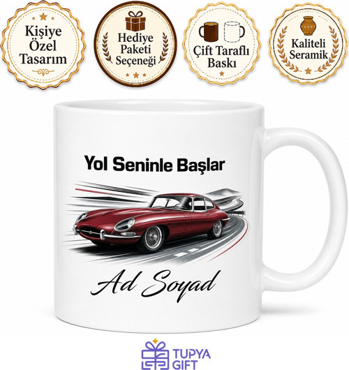 İsimli Araba Desenli Özel Baskılı Kupa Bardak Hediye