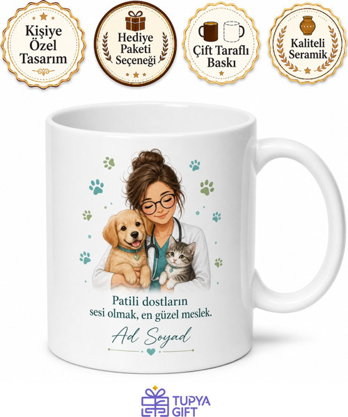 Veteriner İsme Özel Baskılı Kupa Bardak Veteriner Hekim Hediye Porselen Mug