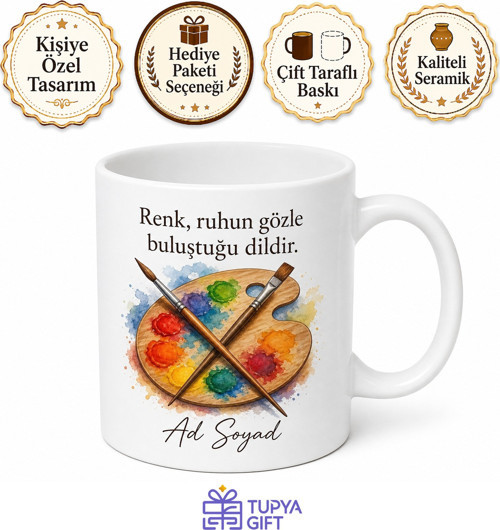 Ressama Özel Renk Paleti ve Fırça Temalı Seramik Kupa Bardak Hediye