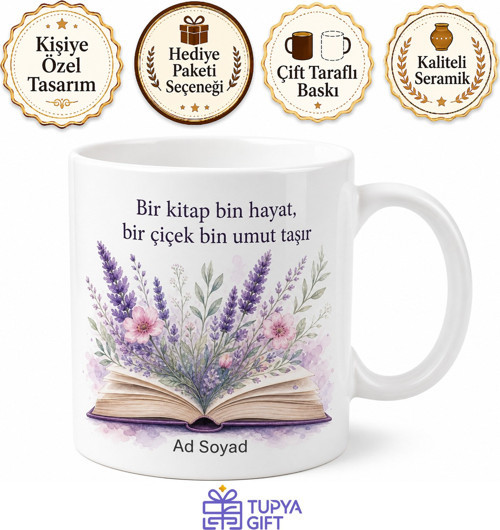 Kitap ve Çiçek Temalı Baskılı Kupa Bardak Özel Tasarım Hediye
