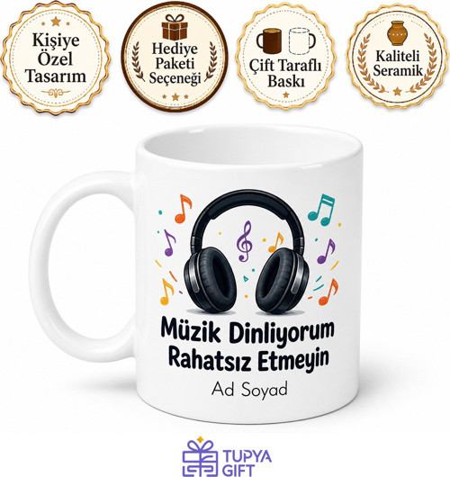 Müzik Dinliyorum Rahatsız Etmeyin Yazılı Kupa Bardak Müzik Hediye