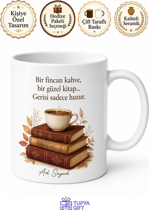 Kahve ve Kitap Aşkı Yazılı Baskılı Porselen Kupa Bardak Hediye