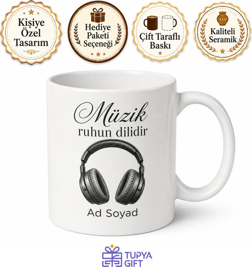 İsimli Kulaklık Desenli Baskılı Kupa Bardak Müzik Hediye