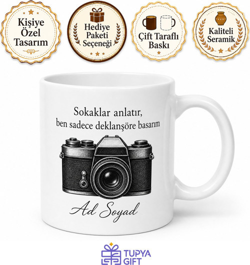 Sokak Fotoğrafçısına Analog Kamera Deklanşör Temalı Baskılı Kupa Bardak Hediye