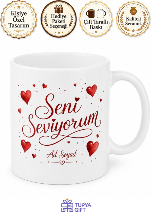 Seni Seviyorum Yazılı Kırmızı Kalpli Hediye Kupa Bardak Sevgiliye Özel Tasarım