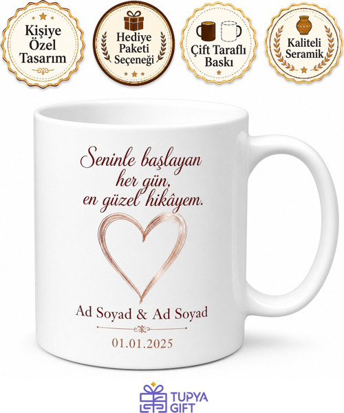 Kişiye Özel Çift İsimli Tarih Yazılı Aşk Hatırası Romantik Çay Kupası Hediye