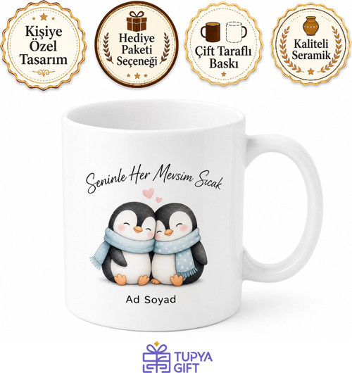 Penguen Desenli Sevimli Eşli Seramik Kupa Bardak Hediye Porselen Mug