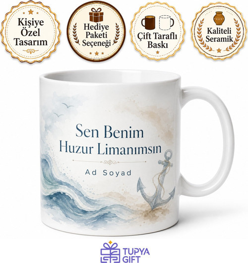 İsme Özel Huzur Limanım Yazılı Kupa Bardak Özel Tasarım Hediye