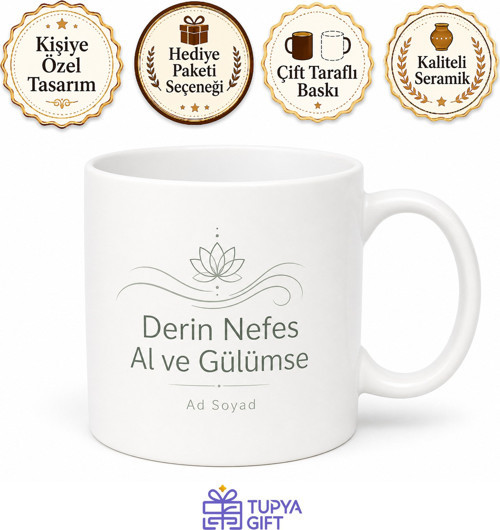 Derin Nefes Al ve Gülümse Temalı Minimalist Kupa Bardak Hediye
