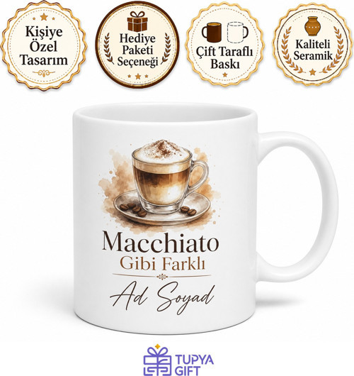 Macchiato Gibi Farklı Yazılı Baskılı Kupa Bardak Kahve Hediye