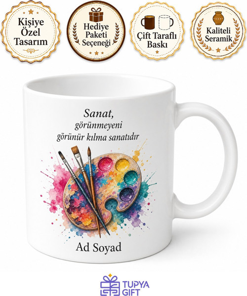 İsimli Palette Desenli Resim Öğretmeni Kupası Hediye Bardak Özel Tasarım