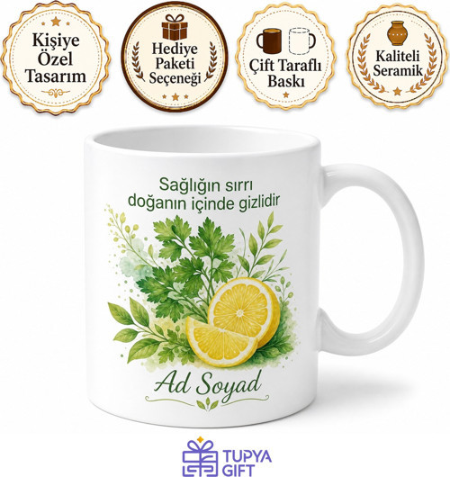Detoks Yeşil İçecek Maydanoz Limon Formda Kalma Temalı Kupa Bardak Hediye