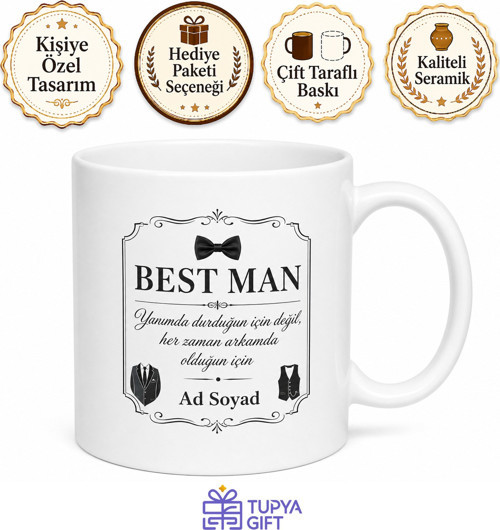 Best Man Sağdıç Kupası Özel Tasarım Baskılı Porselen Kupa Bardak Hediye
