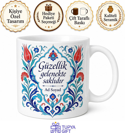 Geleneksel Çini Desenli Otantik Hediyelik Seramik Kupa Bardak Özel Tasarım