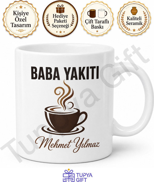 Baba Yakıtı Kahve Yazılı Kupa Bardak Babalar Günü Özel Hediye Porselen