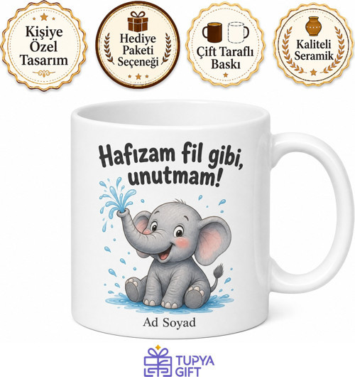 Hortumuyla Su Püskürten Fil Çizimli Unutmayan Hafıza Esprili Kupa Hediye Bardak