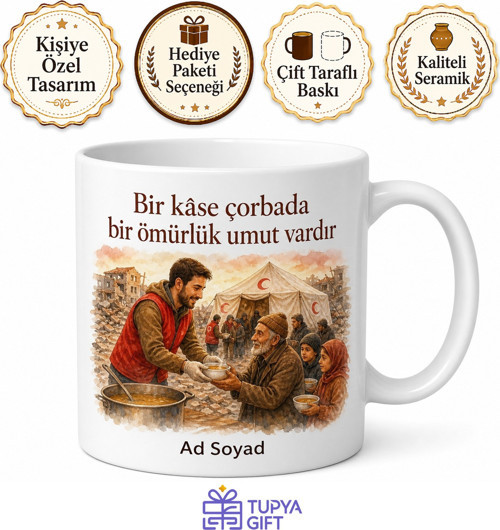 Kızılay Gönüllüsü Afet Bölgesi Çadır Kuran Çorba Dağıtan Temalı Kupa Bardak Hediye