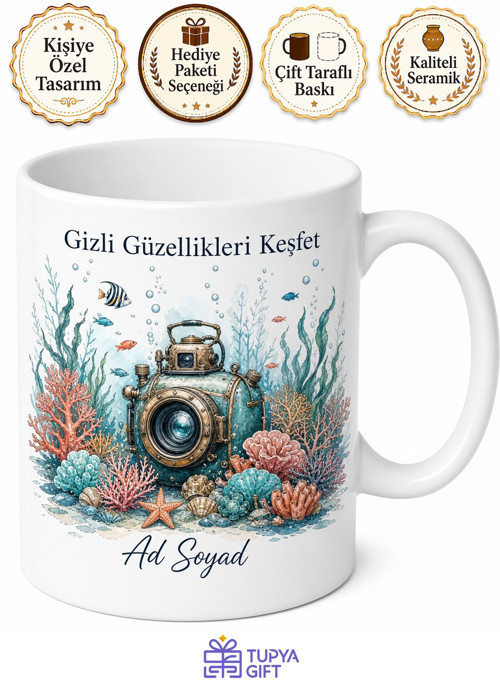 Su Altı Kamerası Mercan Çizimli Gizli Güzellikleri Keşfeden Kupa Bardak Hediye