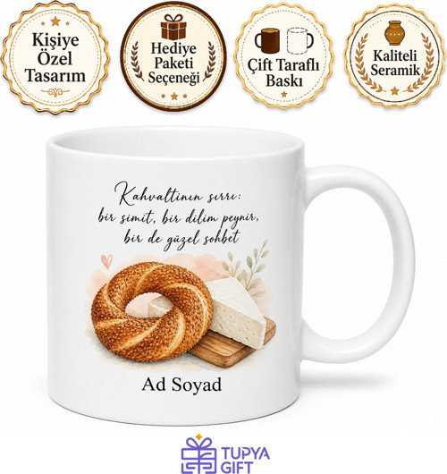 Simit ve Peynir Temalı Baskılı Kupa Bardak Hediye Özel Tasarım Porselen Mug