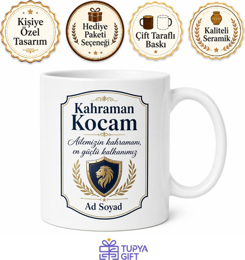 Kahraman Kocam Yazılı Çift Yön Baskılı Kupa Bardak Eşe Özel Hediye