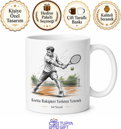 Tenis Backhand Vuruş Çizimli Kortta Rakipleri Terleten Yetenek Kupa Bardak Hediye
