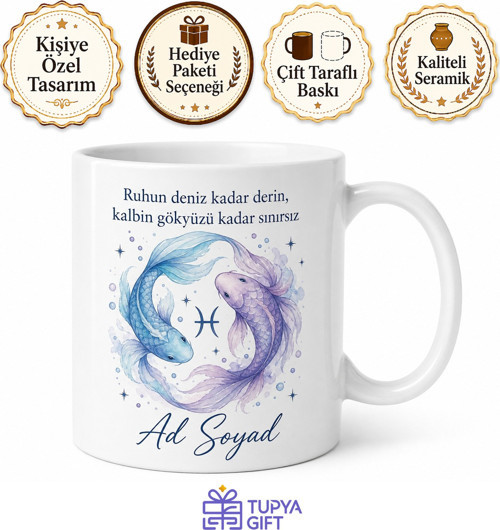 Balık Burcu İsimli Baskılı Kupa Bardak Hediye Astroloji Porselen Mug