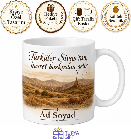 Sivas Bozkır ve Türkü Temalı Kupa Bardak Özel Tasarım Hediye