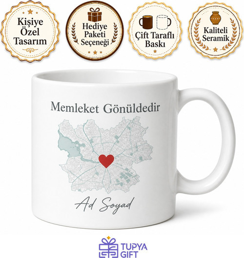 Memleket Haritası Üzerinde Kalp Baskılı Kupa Bardak Özel Tasarım Hediye