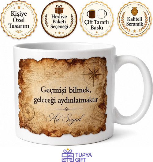 İsimli Papirüs Desenli Tarihçi Kupası Özel Baskılı Hediye Bardak