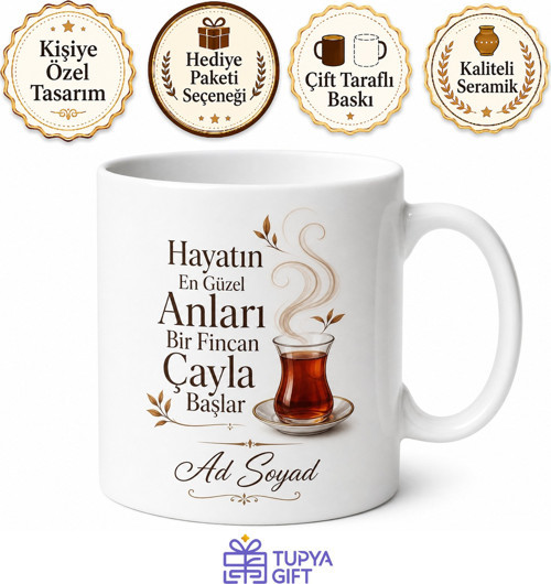 Çay Saati Yazılı Baskılı Kupa Bardak Hediye Özel Tasarım Porselen Mug