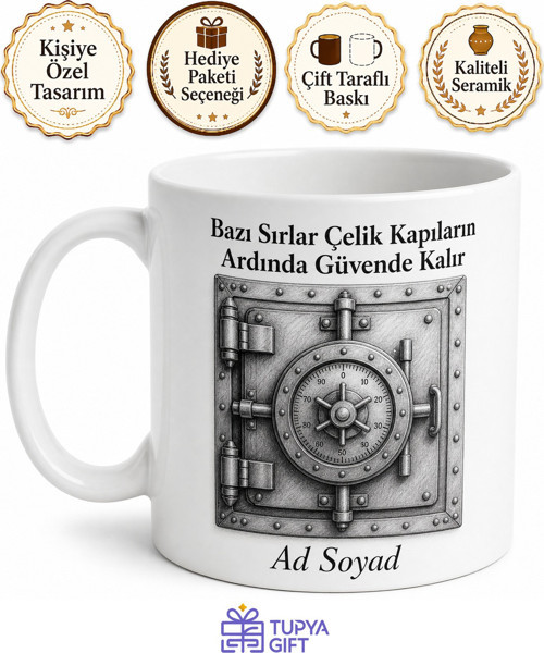 Banka Kasası Çelik Kapı Çizimli Sırları Güvenle Saklayan Kasa Kupa Hediye Bardak