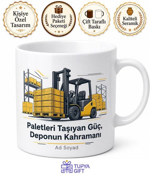 Forklift Operatörüne Paletleri Taşıyan Güç Depo Kahramanı Kupa Bardak Hediye