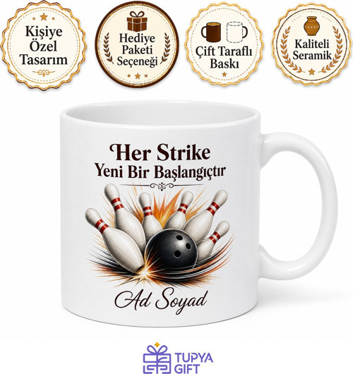 İsimli Bowling Pini Desenli Baskılı Kupa Bardak Bowling Severler İçin Hediye
