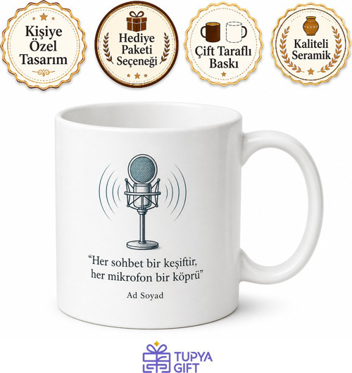Podcaster Mikrofon Sessiz Oda Sohbet Temalı Kupa Bardak Hediye