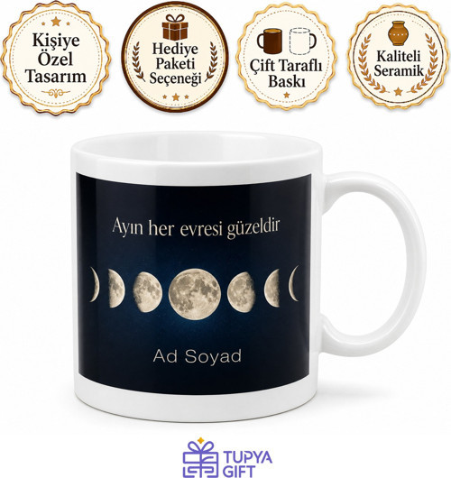 Ay Evreleri Temalı Baskılı Kupa Bardak Hediye Porselen Astronomi Mug