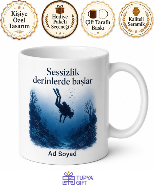 Dalgıçlık Kulübü Eğitmenine Sualtı Temalı Özel Tasarım Porselen Kupa Bardak Hediye
