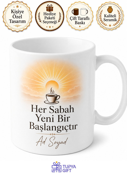 Kişiye Özel Sabah Rutini Baskılı Kupa Bardak Hediyelik Porselen Hediye