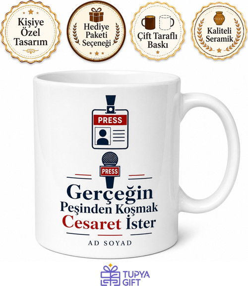 Gazeteci Kupa Doğru Haber Press Kartı Son Dakika Soru Sorma Hediye Bardak