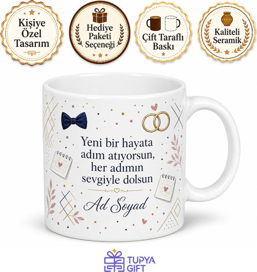 Damat Adayı Karışık Desenli Baskılı Kupa Bardak Düğün Hazırlık Hediyesi