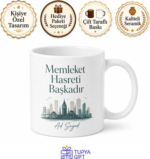 Kişiye Özel Memleket Temalı İsimli Baskılı Kupa Bardak Hediyelik Porselen