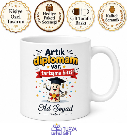 İsme Özel Diploma Temalı Komik Kupa Bardak Mezuniyet Hediye Baskılı
