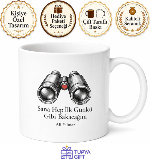 Sana Hep İlk Günkü Gibi Bakacağım Dürbün Kalp Çizimli Sadık Gözlemci Kupa Bardak Hediye