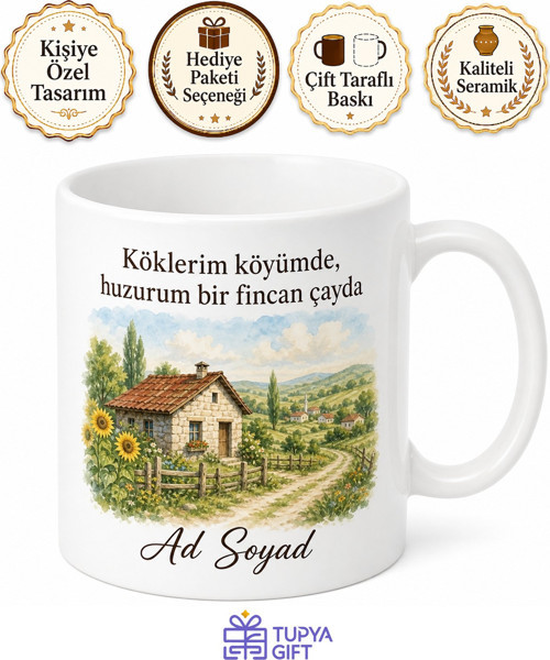 Yazlık Köy Hatırası Baskılı Kupa Bardak Hediye Nostalji Köy Evi Tasarım