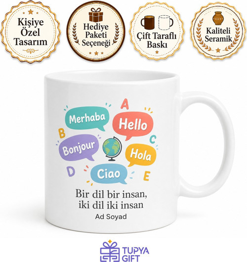 Dil Okulu Temalı Baskılı Kupa Bardak Hediye Özel Tasarım Porselen Mug