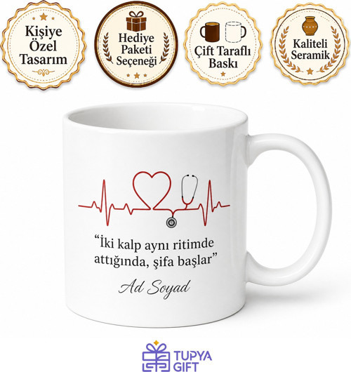 Kalp Atışı EKG Çizimli Doktor Hemşire Aşk Temalı Kupa Bardak Hediye