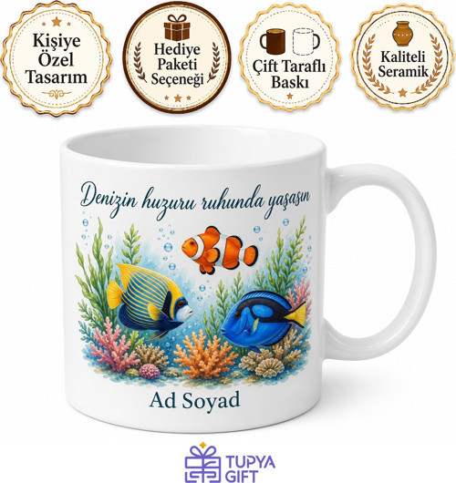 Akvaryum Temalı Tasarım Baskılı Kupa Bardak Hediyelik Porselen Mug