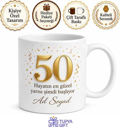 İsimli Kupa 50 Yaş Doğum Günü Baskılı Hediye Bardak Özel Tasarım