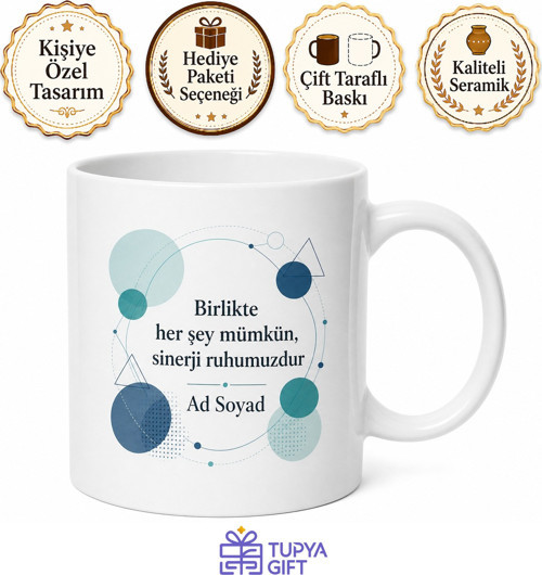 İsme Özel Sinerji Yazılı Kupa Bardak Hediye Özel Tasarım Porselen Mug