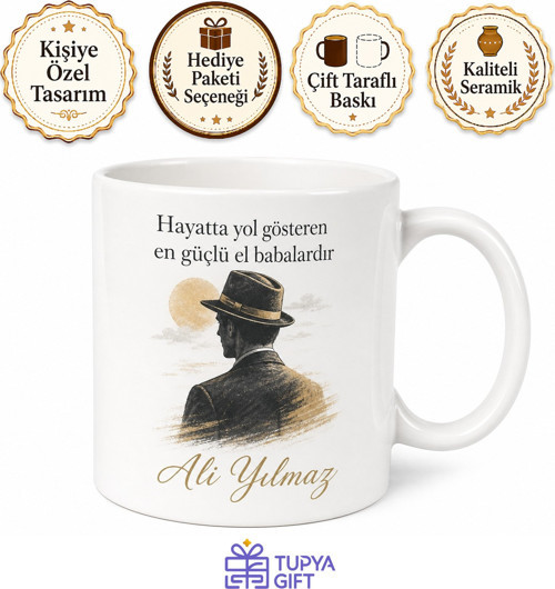 Şapkalı Baba Tasarımlı Kupa Bardak Babalar Günü Özel Hediye Porselen